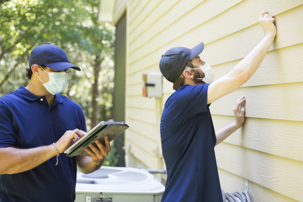 Two exterminators inspecting the siding of a house