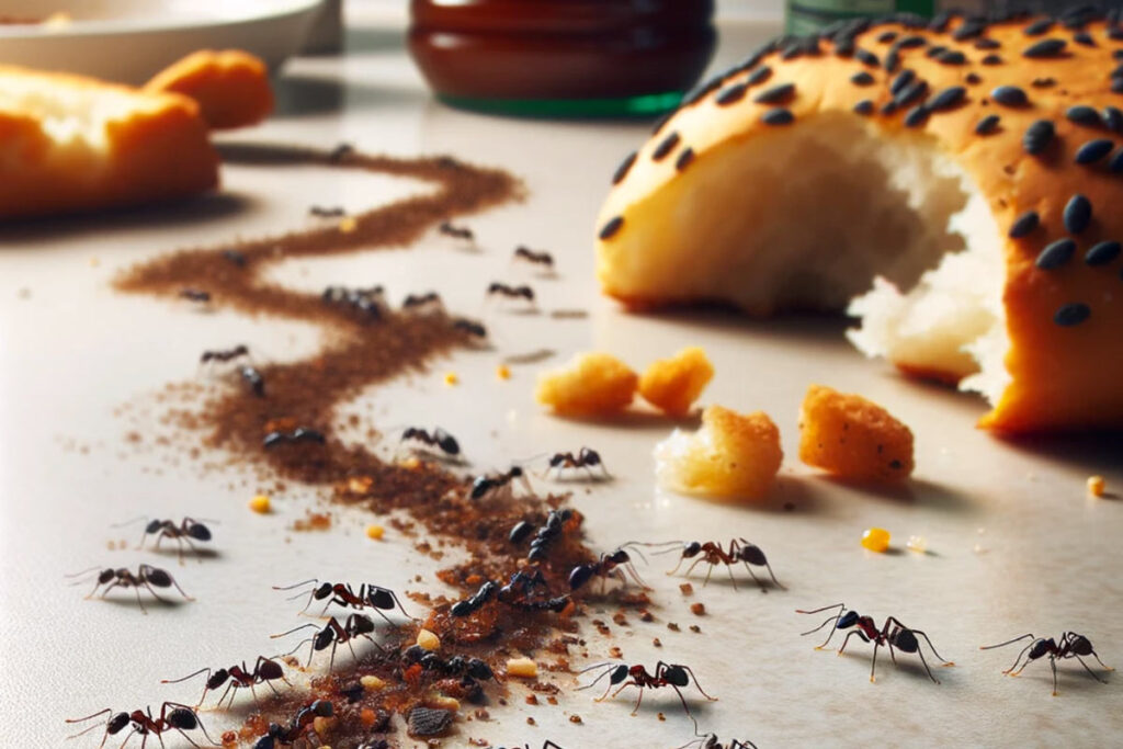 Common Sight: Ants foraging in a kitchen, a reminder of the importance of cleanliness and food storage in preventing infestations.