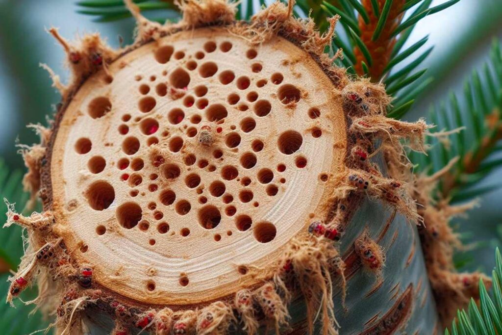 The Aftermath of Bark Beetle Infestation: Signs and Symptoms on a Christmas Tree.